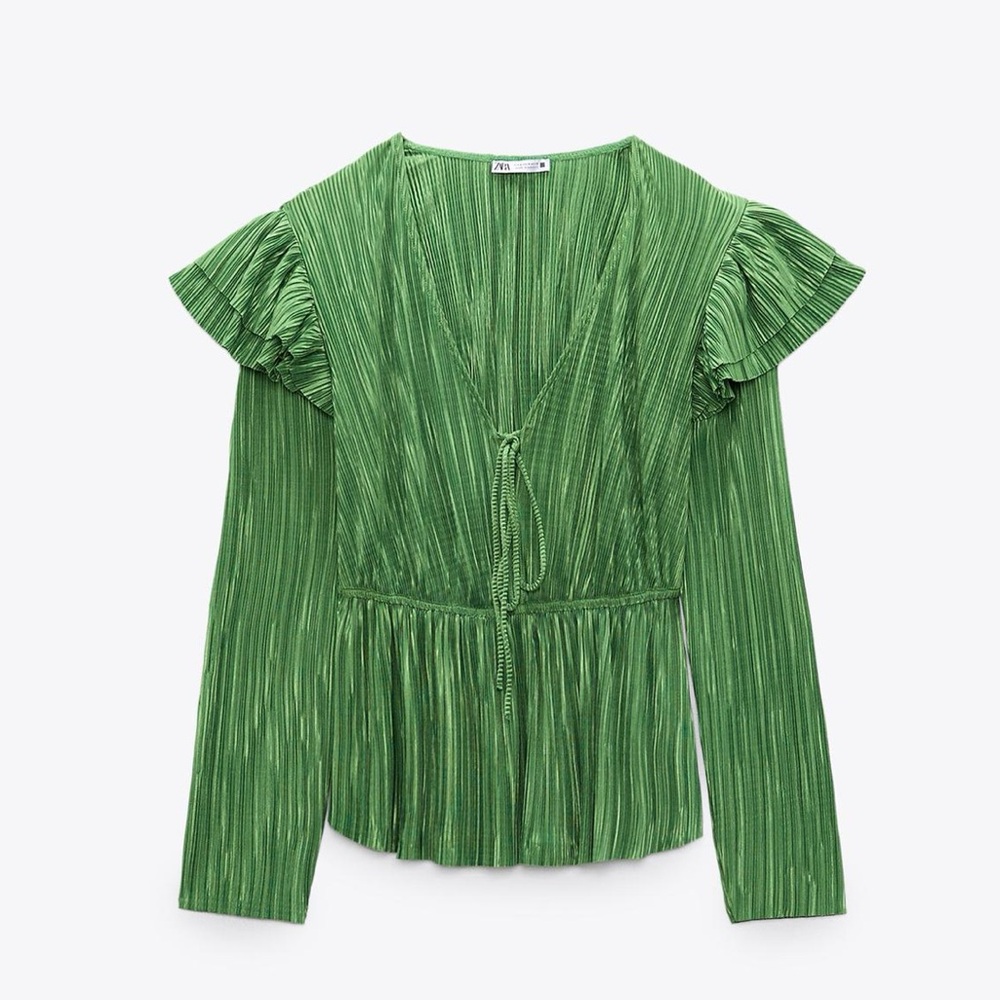 New Zara Green Flutter Sleeve Blouse with Pleated Ruffles